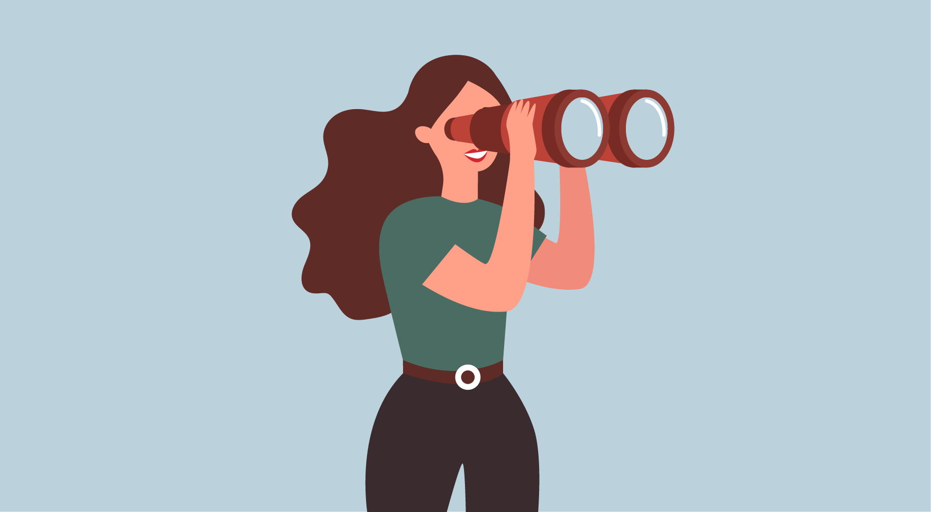 woman on blue background looking through binoculars